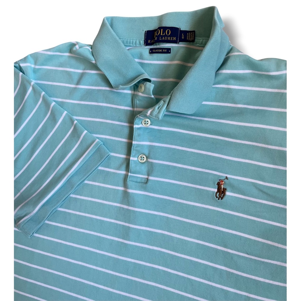Polo Ralph Lauren Mens Large Classic Fit Polo Shirt Mint Green White Striped L